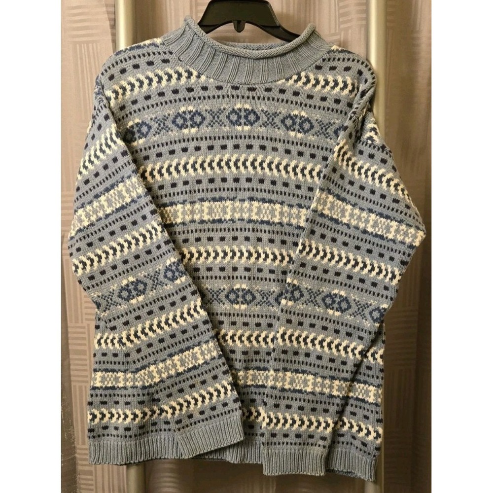 Eddie Bauer Womens Vintage Nordic Fair Isle Blue‎ Cotton Sweater Sz Small Petite